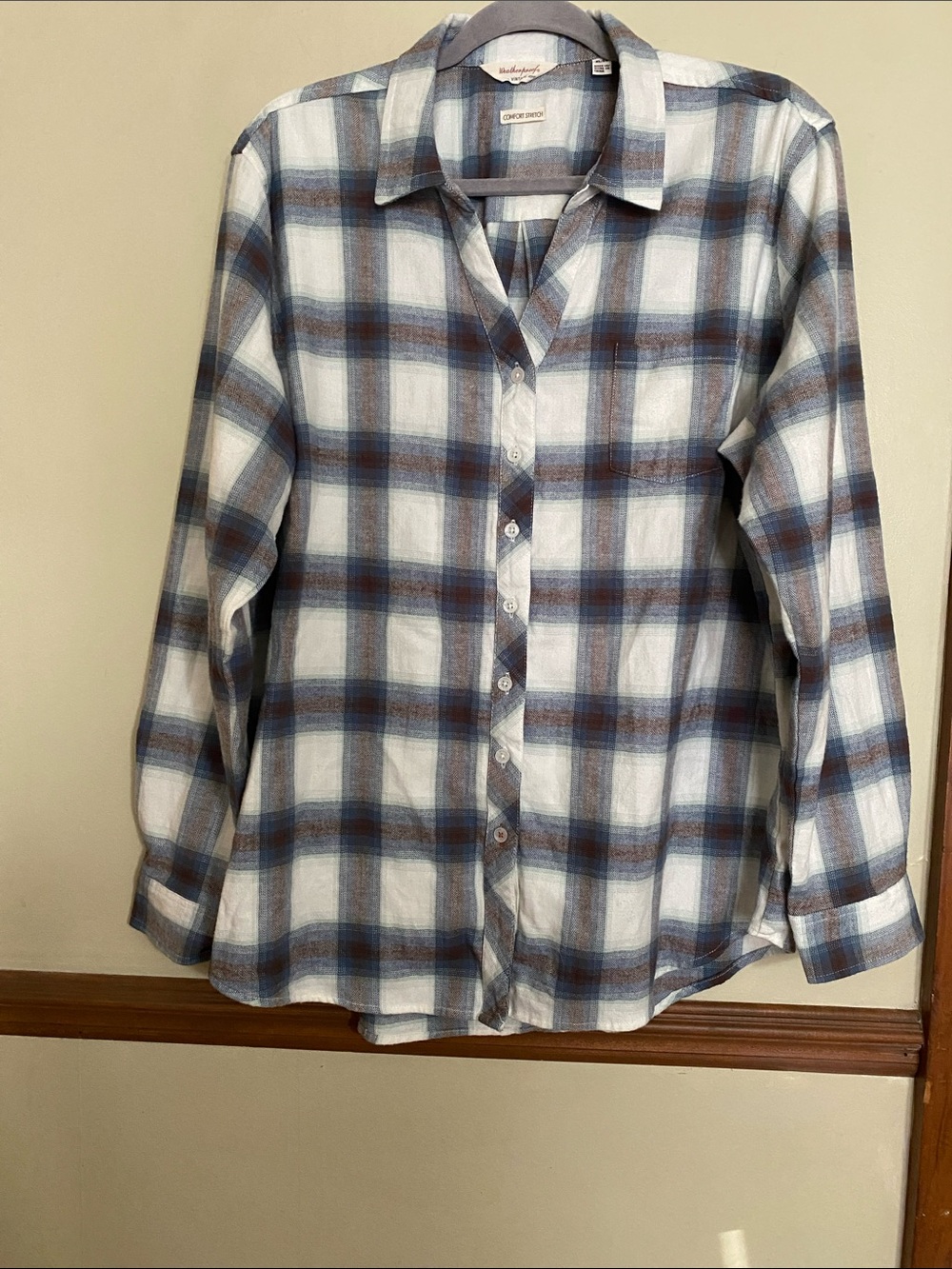 Weatherproof Women's Plaid Button-Down Shirt in White, Blue & Brown